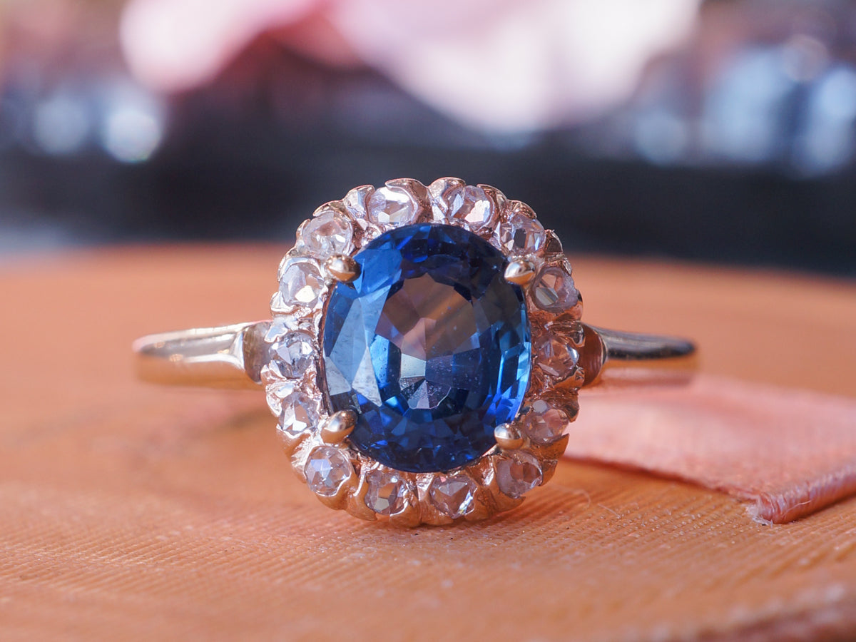Antique Cushion Cut Sapphire & Diamond Engagement Ring in 14k