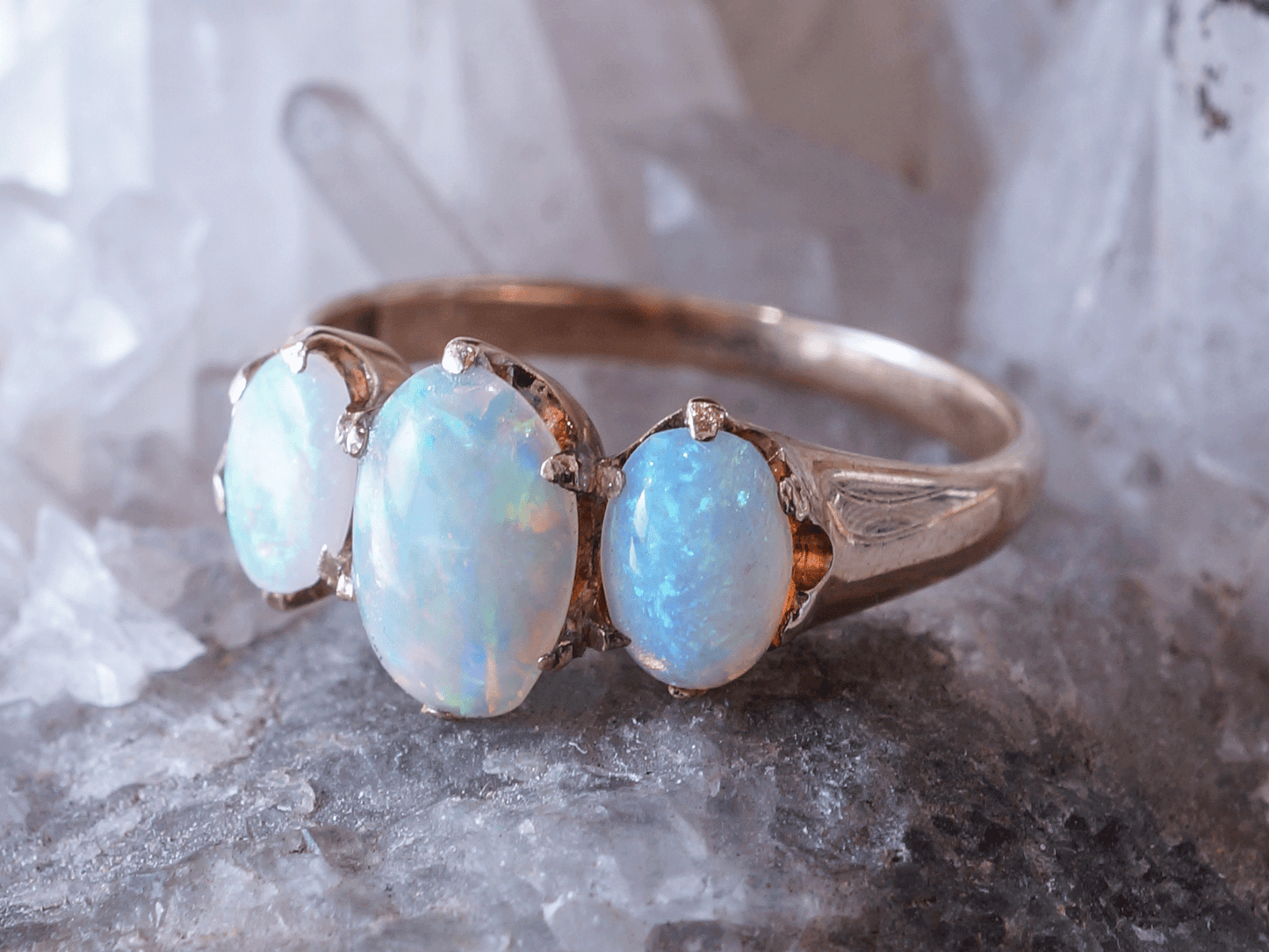 Victorian Three Stone Opal Right Hand Ring 14k