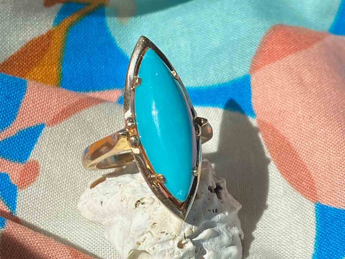 Vintage 1960's Cabochon Turquoise Cocktail Ring 14k