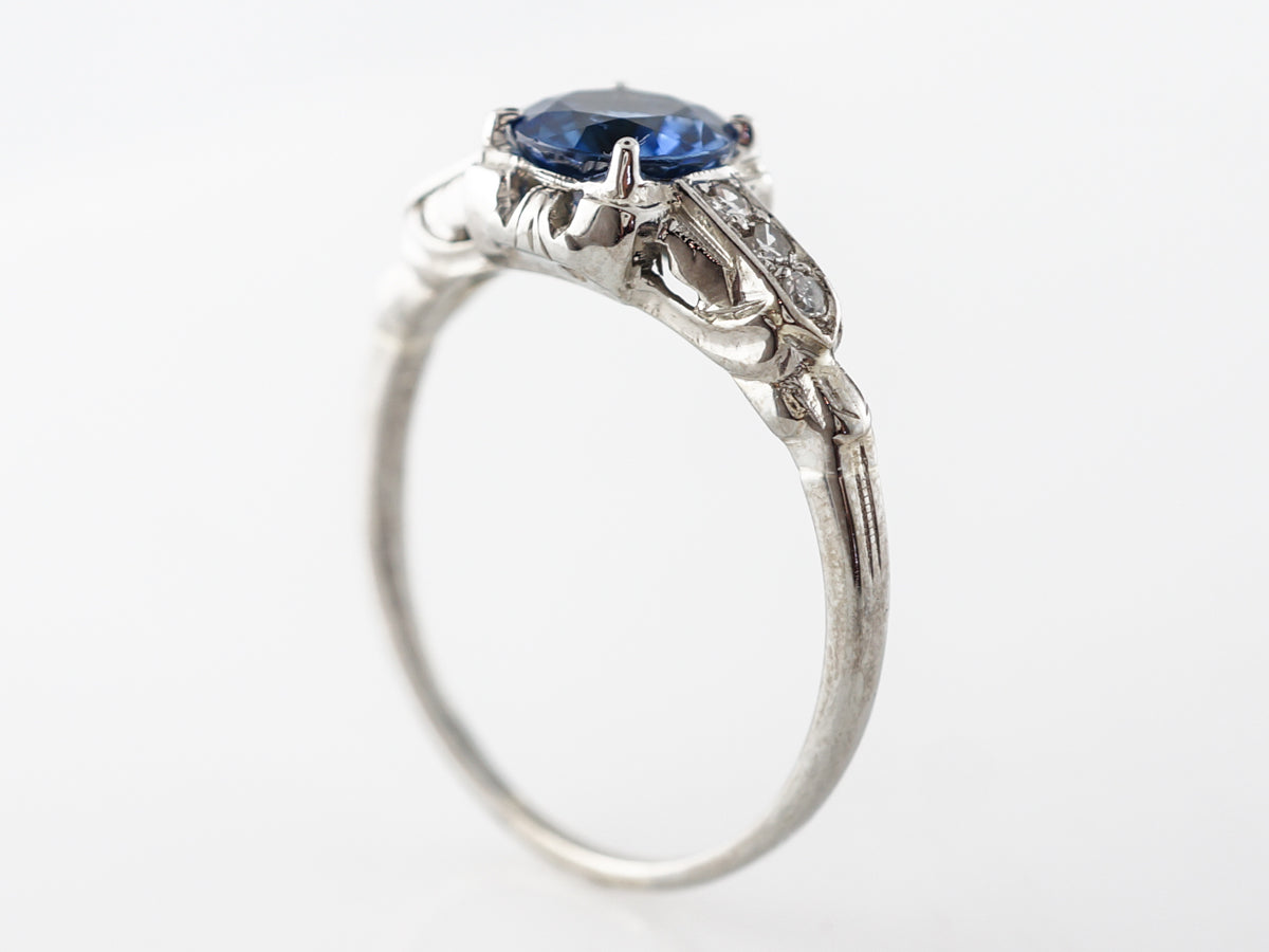 Vintage Art Deco Sapphire & Diamond Engagement Ring 18k White Gold
