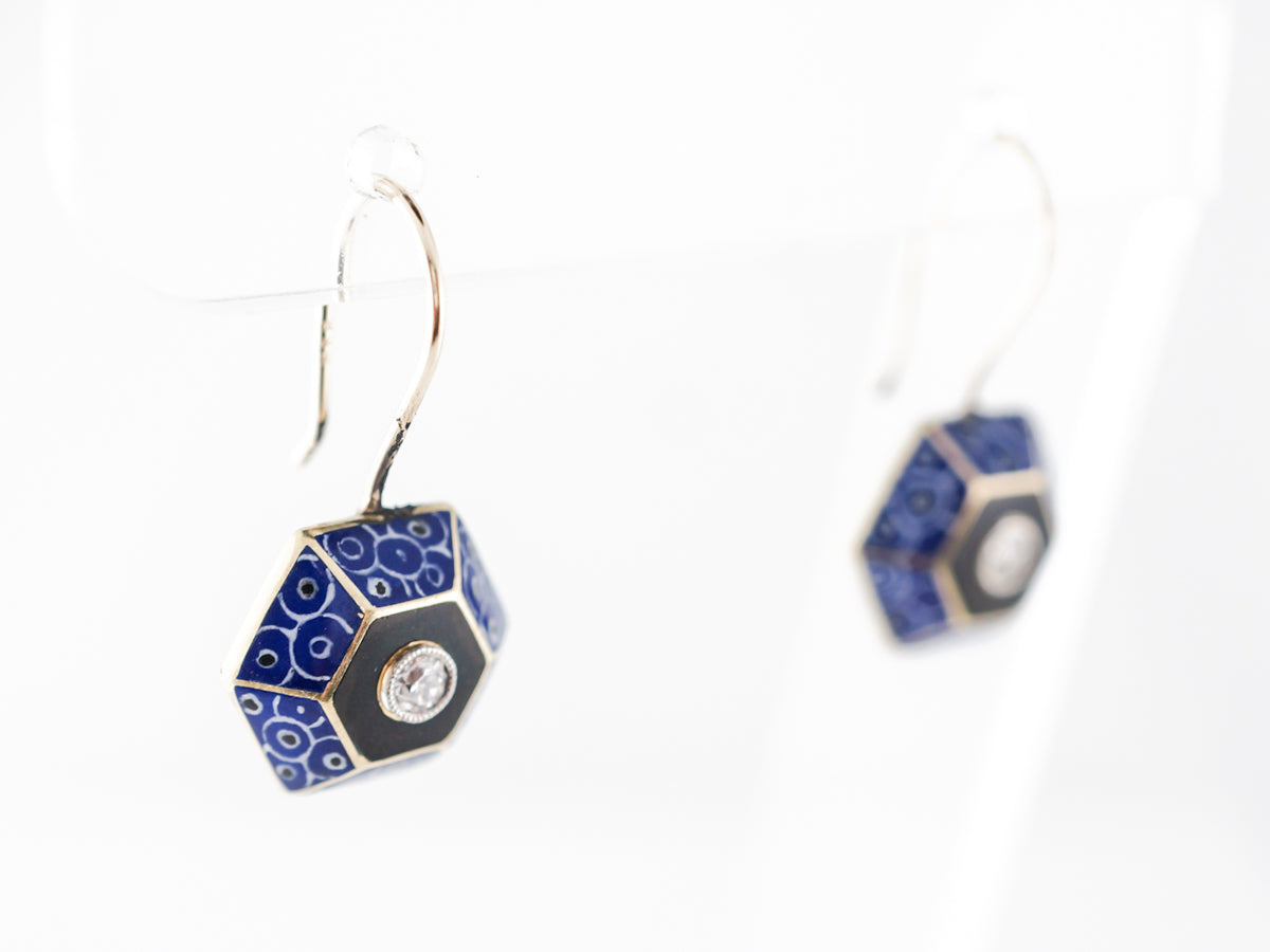 Vintage Art Deco Enamel & Diamond Earrings in Yellow Gold