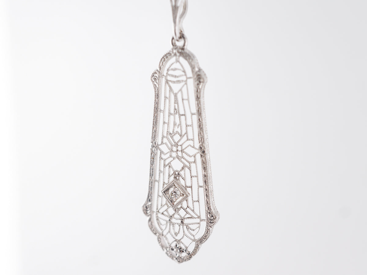 Vintage Deco Filigree Diamond Pendant in White Gold