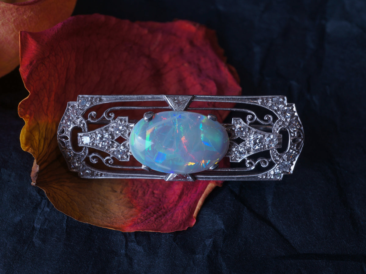 Vintage Art Deco Opal Brooch in 14k White Gold