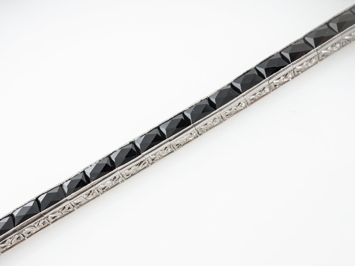 Vintage Art Deco Platinum 17.64 French Cut Onyx Bracelet