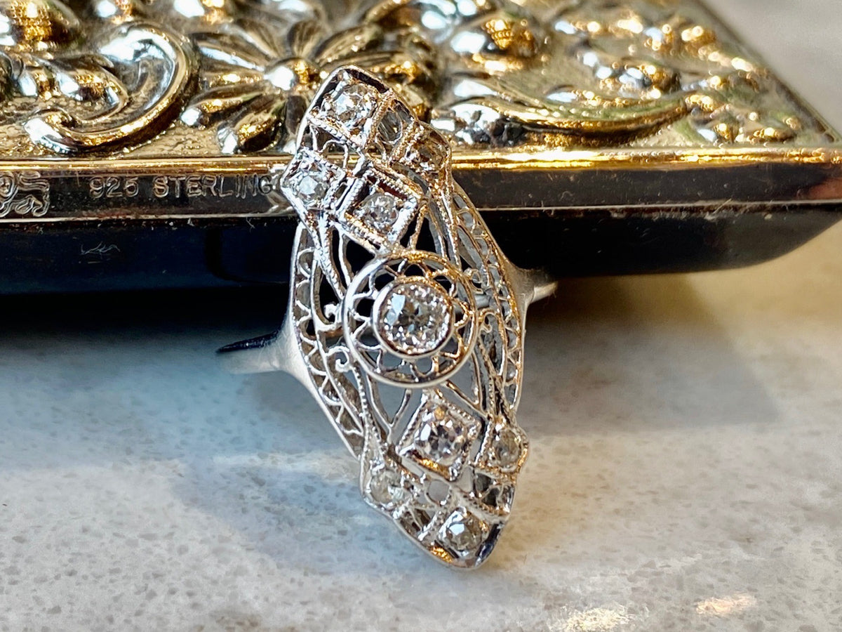 Vintage Art Deco Ring w/ Old European Cut Diamonds in 14k White Gold