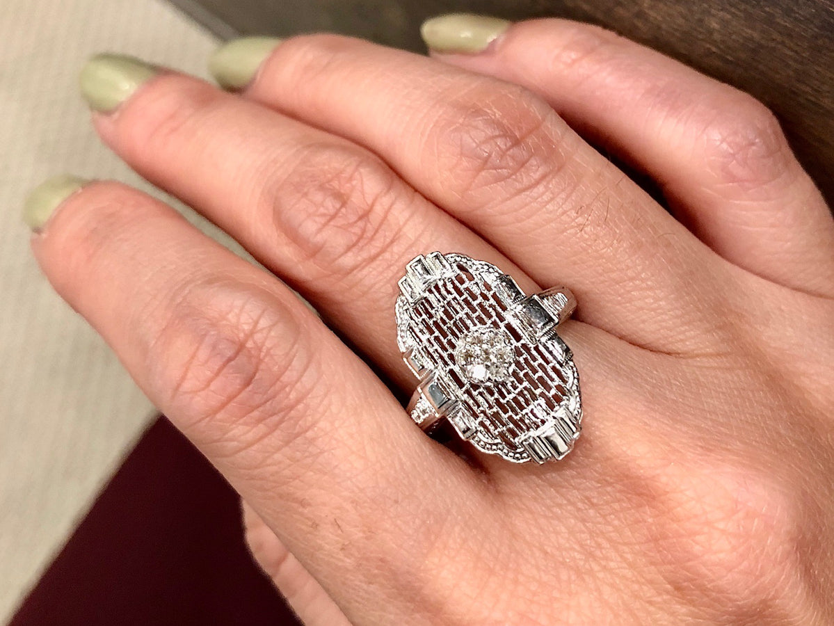 Vintage Art Deco Single Cut Diamond & Filigree Ring in 14k White Gold