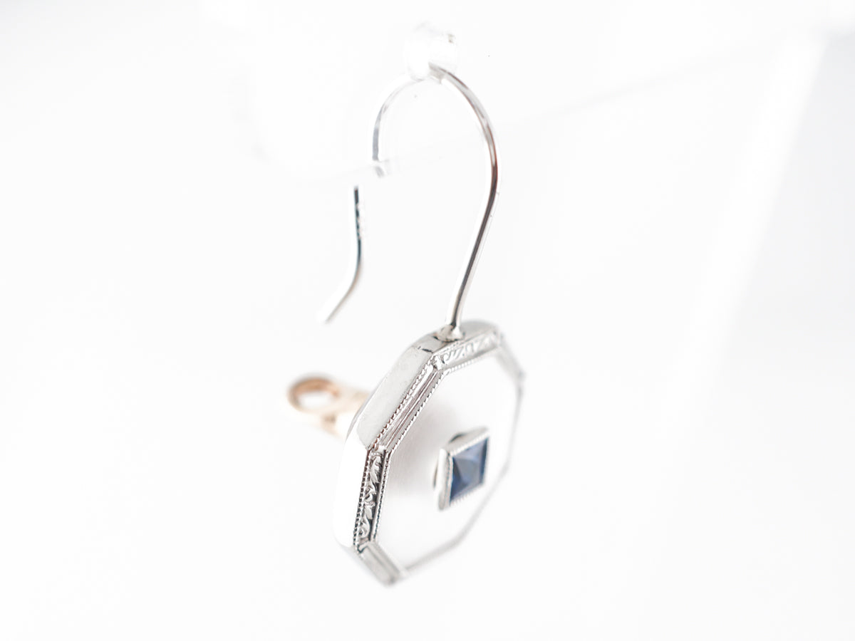 Vintage Art Deco Square Cut Sapphire & Camphor Glass Earrings in 14k White Gold