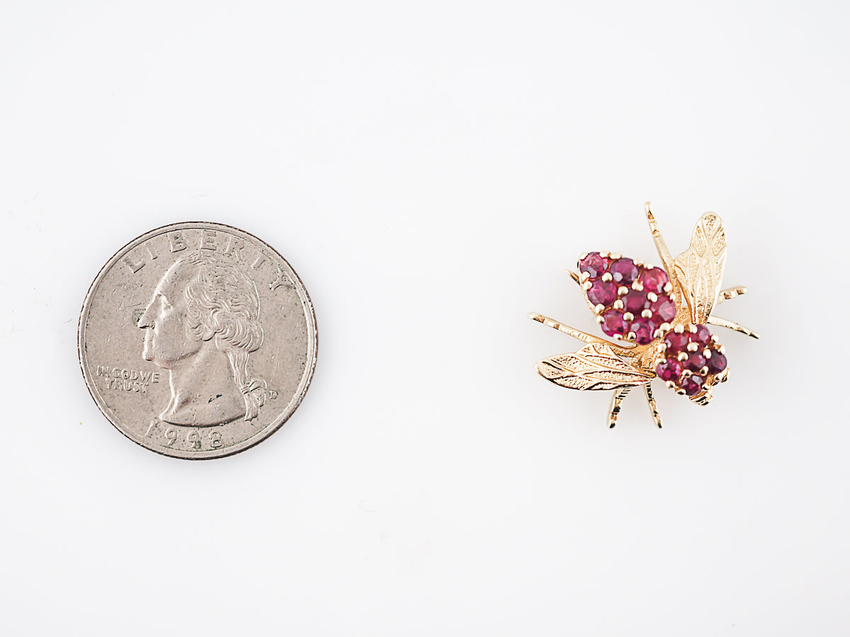 Vintage Bee Pin Retro 1.08 Round Cut Ruby in 14k Yellow Gold