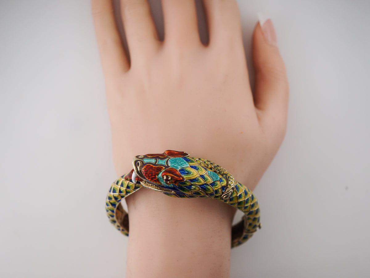 Vintage Mid-Century Snake Bracelet W/ Rubies in Yellow Gold