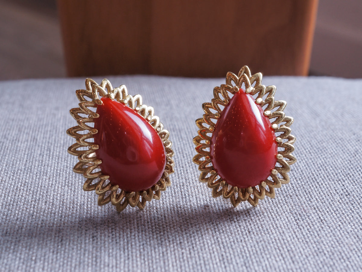 Vintage Cabochon Coral Mid Century Earrings in 18k