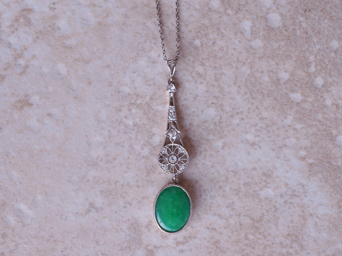 Vintage Cabochon Cut Jade and Diamond Pendant Necklace