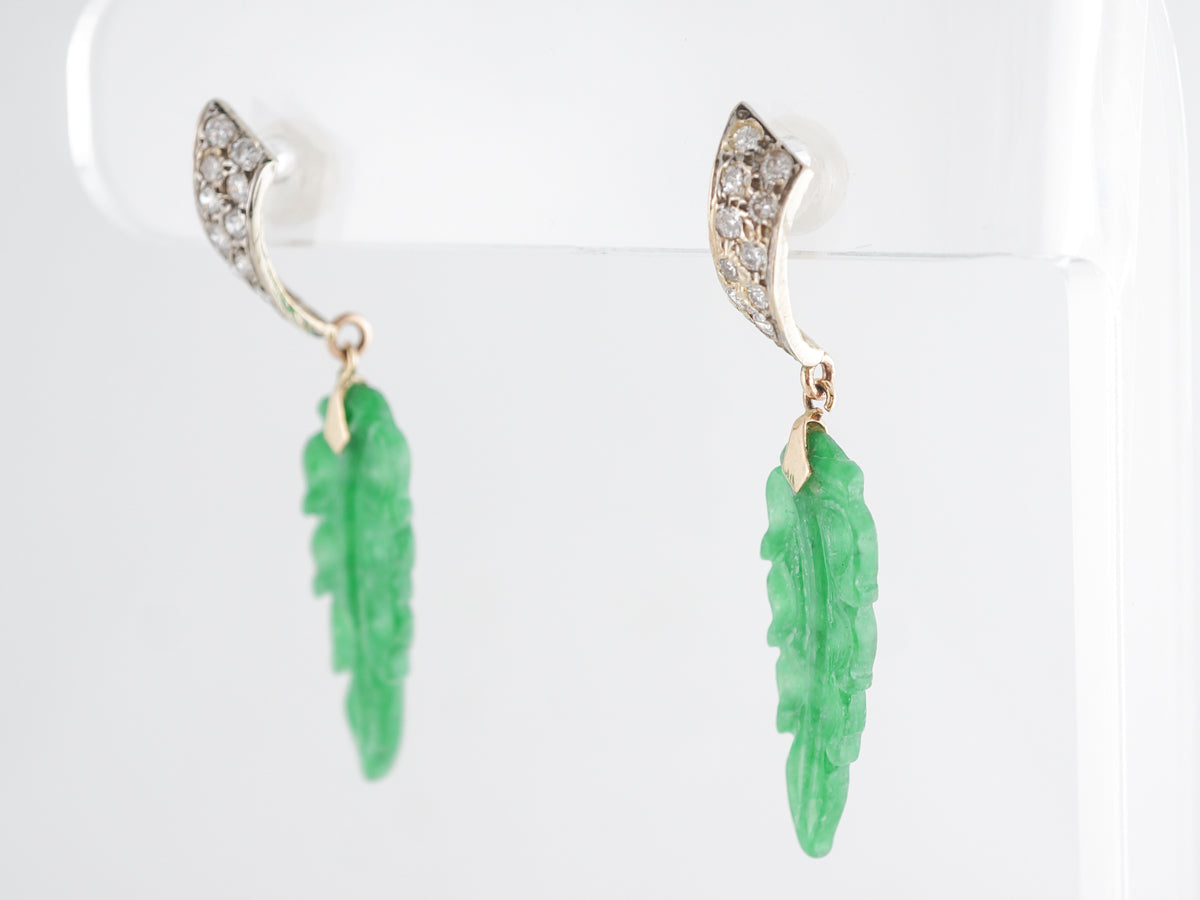 Vintage Carved Jade & Diamond Earrings 18K Yellow Gold