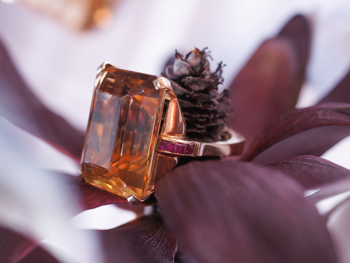 Vintage Citrine Cocktail Ring w/ Ruby Accents in Yellow Gold