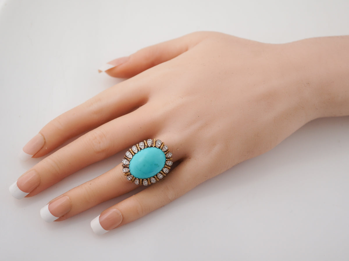 Vintage Cocktail Ring Mid-Century 11.50 Cabochon Cut Turquoise in 18k Yellow & 14k White Gold