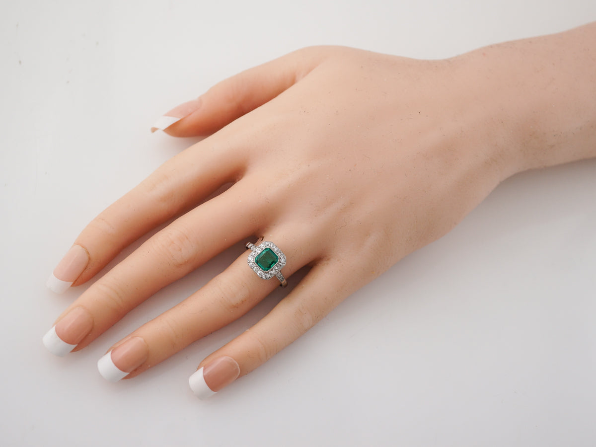 Vintage Cocktail Ring Art Deco 1.02 Square Cut Emerald in Platinum