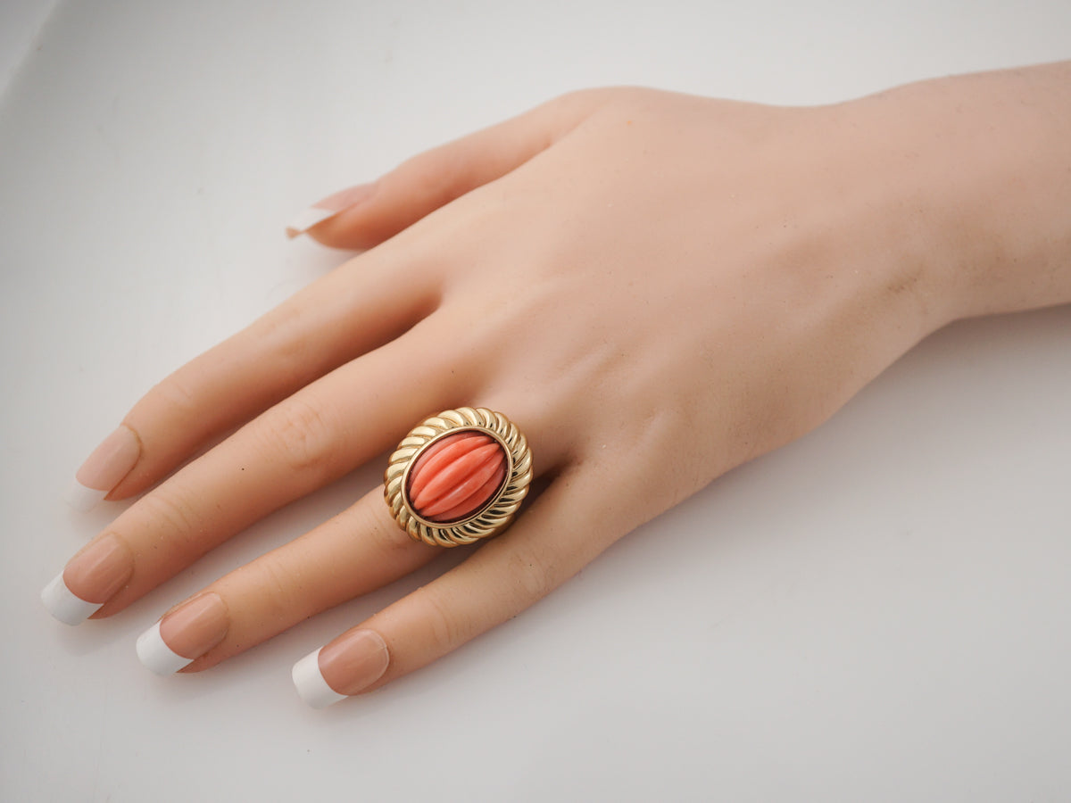 1960's Carved Coral Right Hand Ring in 14k Yellow Gold