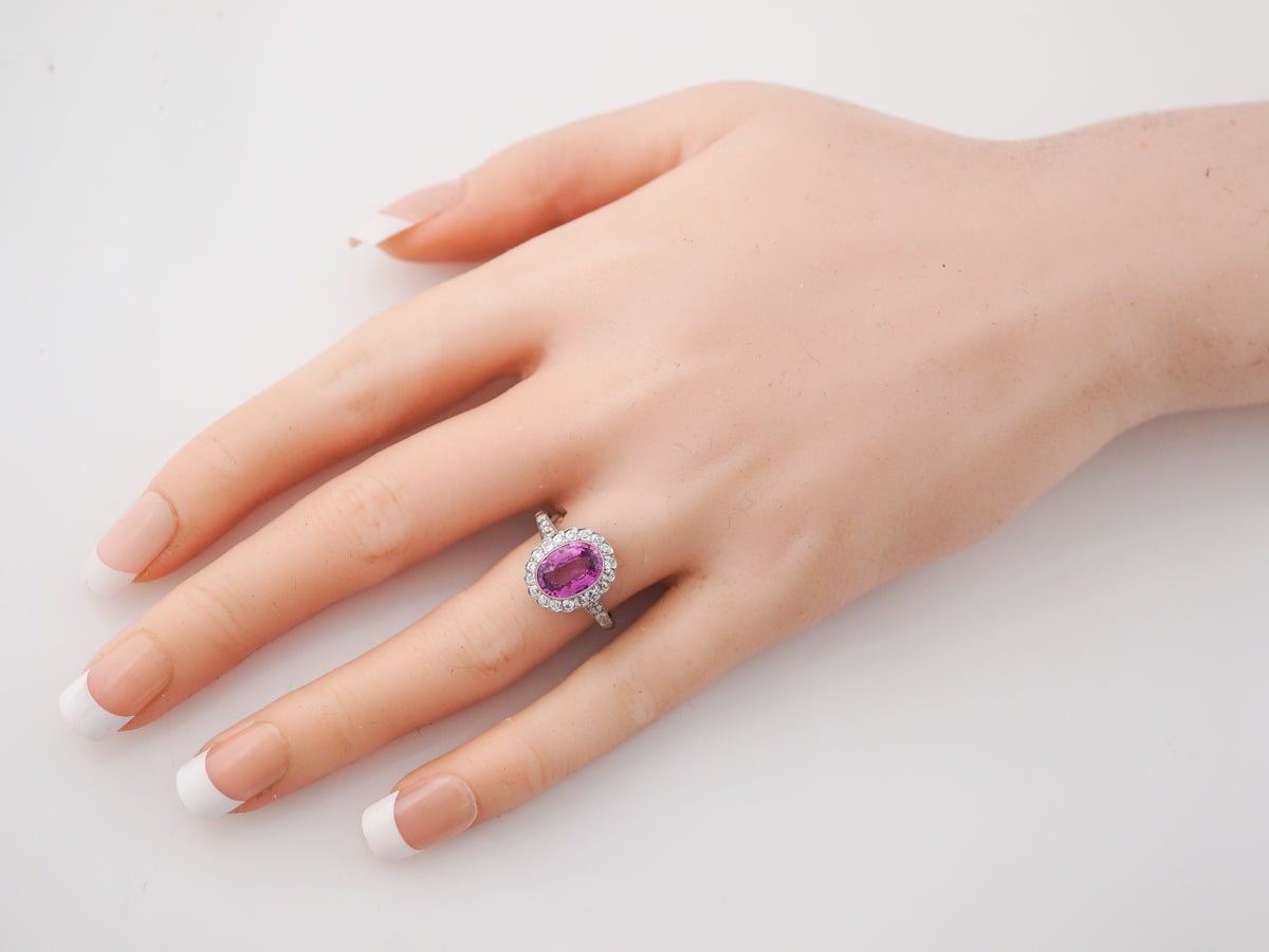 Vintage Edwardian Pink Sapphire & Diamond Engagement Ring in Platinum