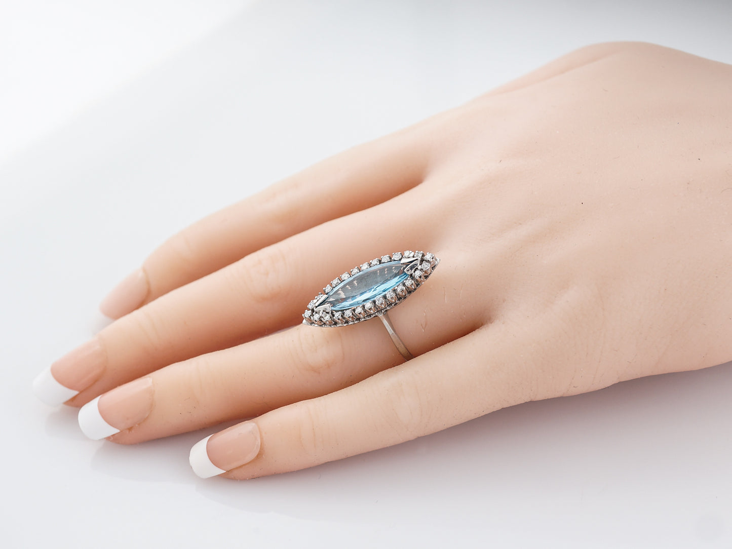 Vintage Cocktail Ring Mid-Century 1.58 Marquise Cut Aquamarine in 18k White Gold