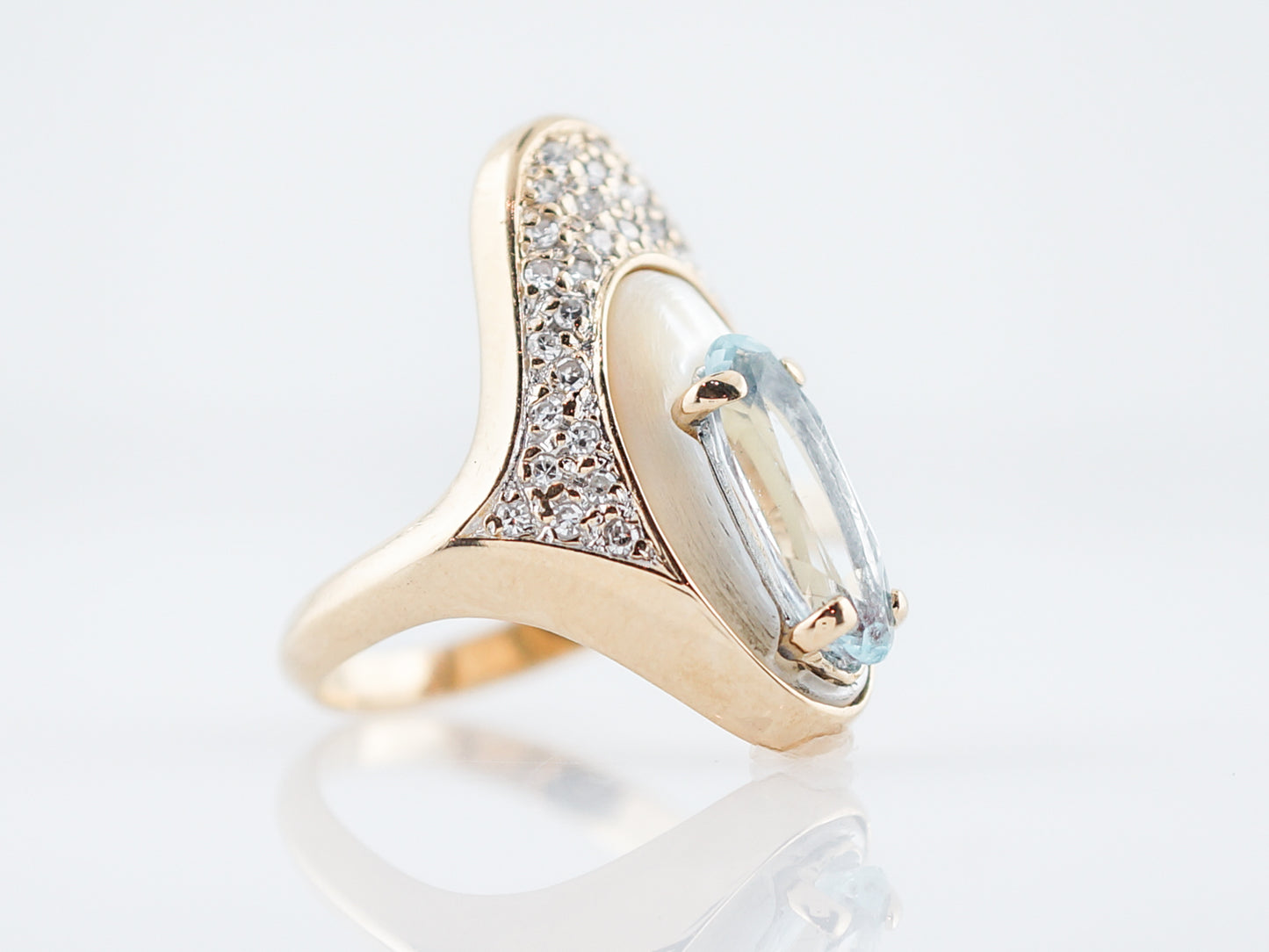 Modern Erte Right Hand Ring 1.80 Oval Cut Blue Topaz in 14k Yellow Gold