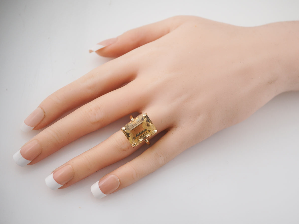 Vintage Cocktail Ring Mid-Century 14.79 Emerald Cut Citrine in 14k Yellow Gold