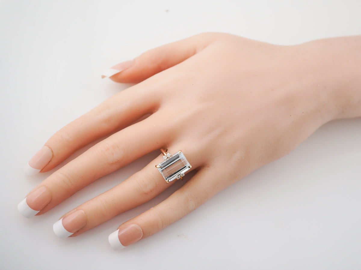 Vintage Mid-Century Emerald Cut Aquamarine Cocktail Ring in Yellow Gold