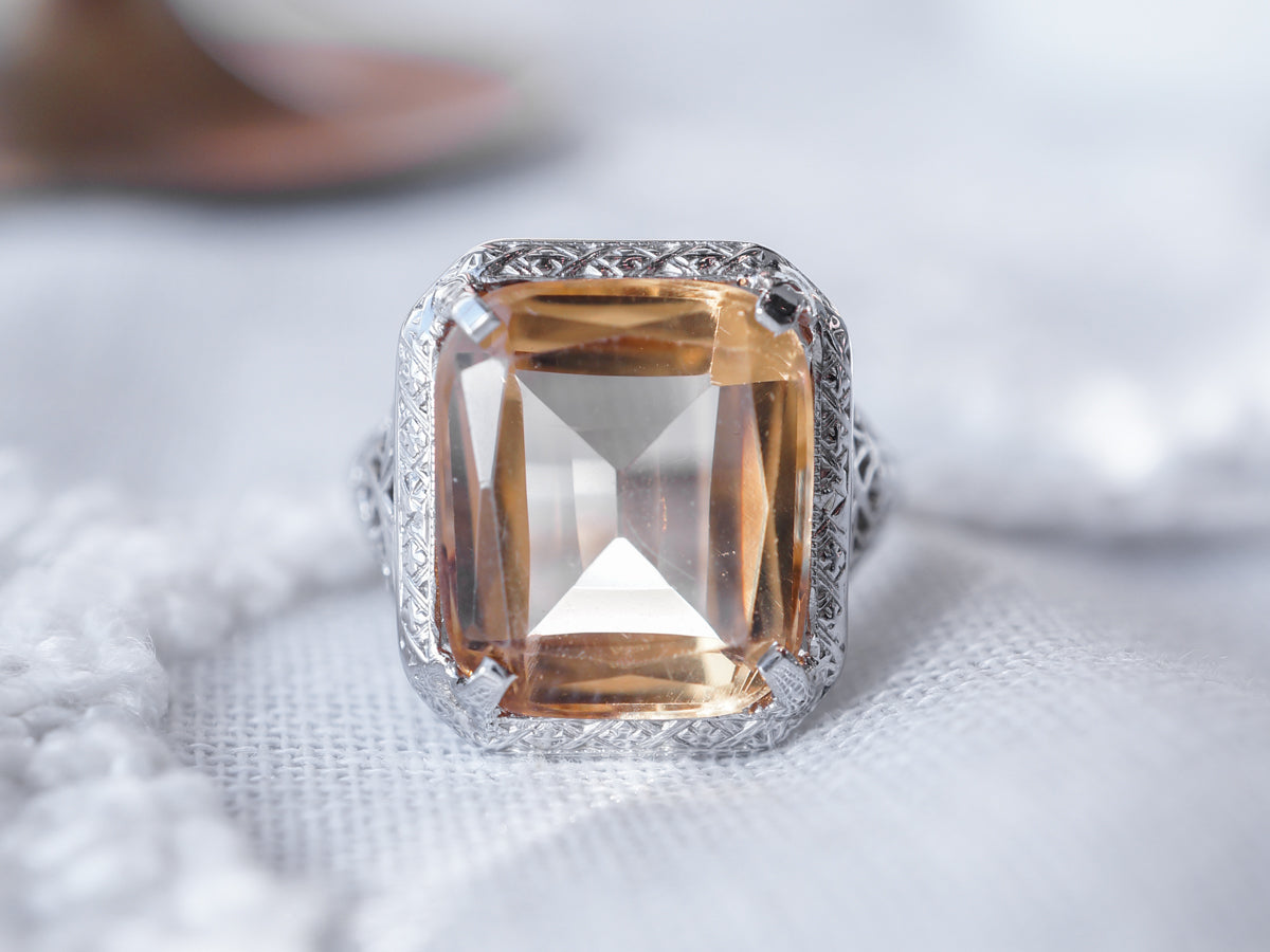 Vintage Deco 6 Carat Emerald Cut Citrine Cocktail Ring in 14k