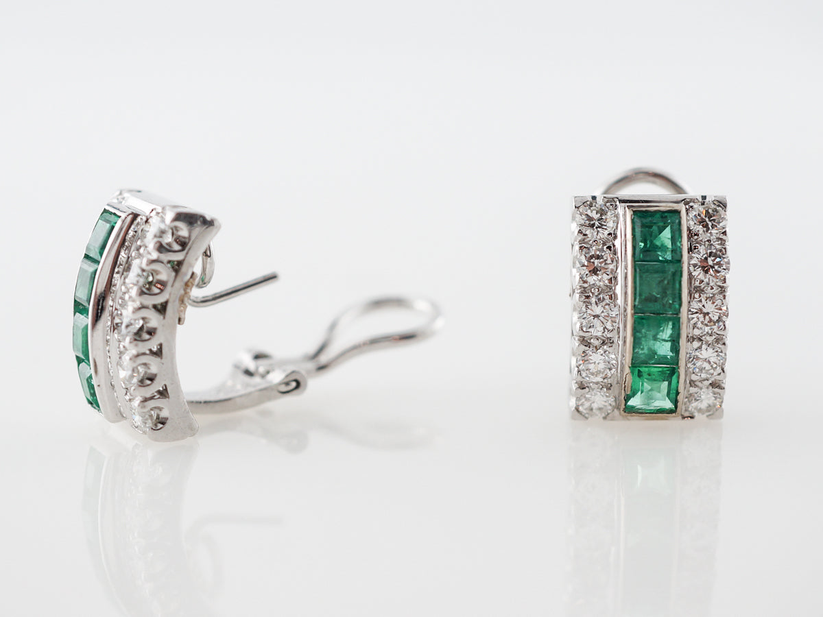 Vintage Mid-Century Emerald and Diamond Earrings in White Gold