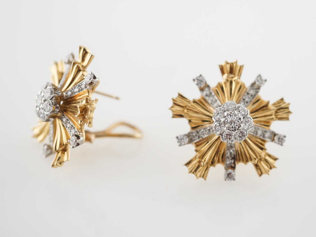 Vintage 1950's Mid-Century Starburst Diamond Earrings in Yellow Gold