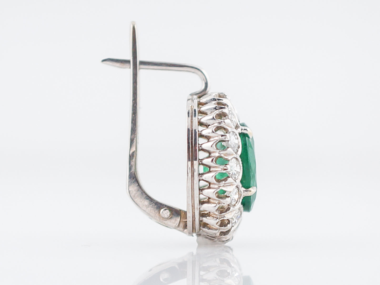 Vintage Earrings Mid-Century 3.30 Oval Cut Emeralds & .90 Round Brilliant Cut Diamonds in 18k White Gold