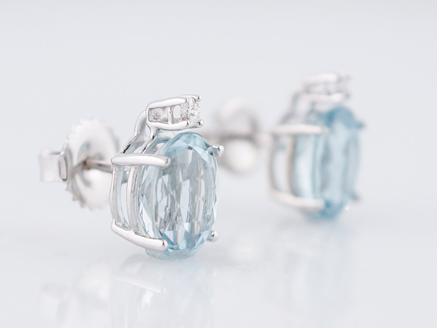 Vintage Earrings Mid-Century 3.70 Oval Cut Aquamarine & .06 Round Brilliant Cut Diamonds in 14k White Gold
