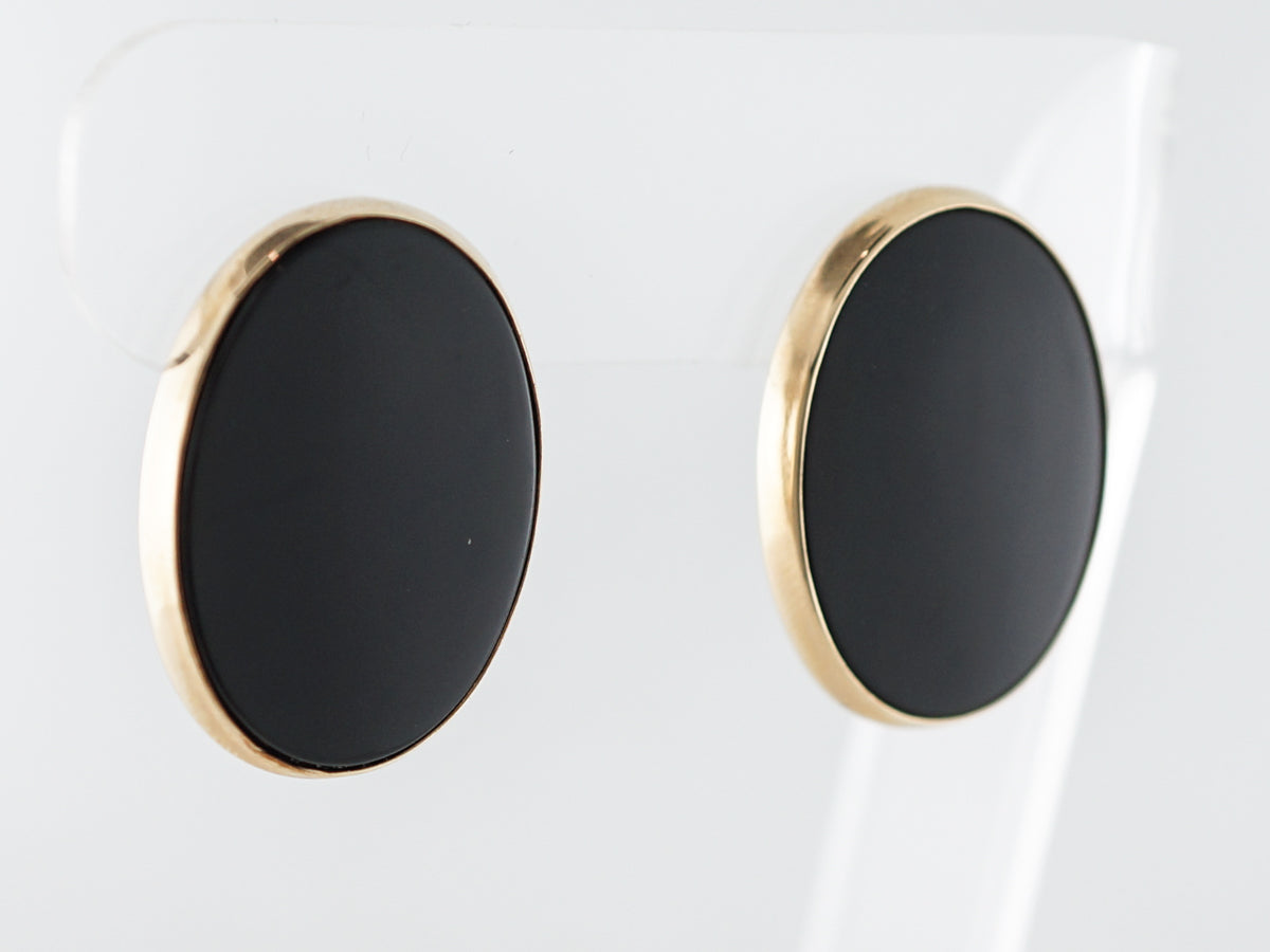 Vintage Earrings Mid-Century Cabochon Cut Onyx in 14K Yellow Gold