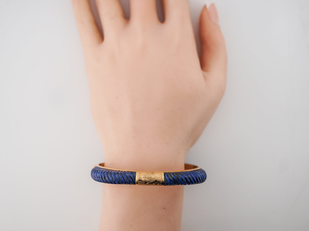 **RTV 5/2/19**Vintage Bracelet Mid-Century Carved Lapis in 14k Yellow Gold