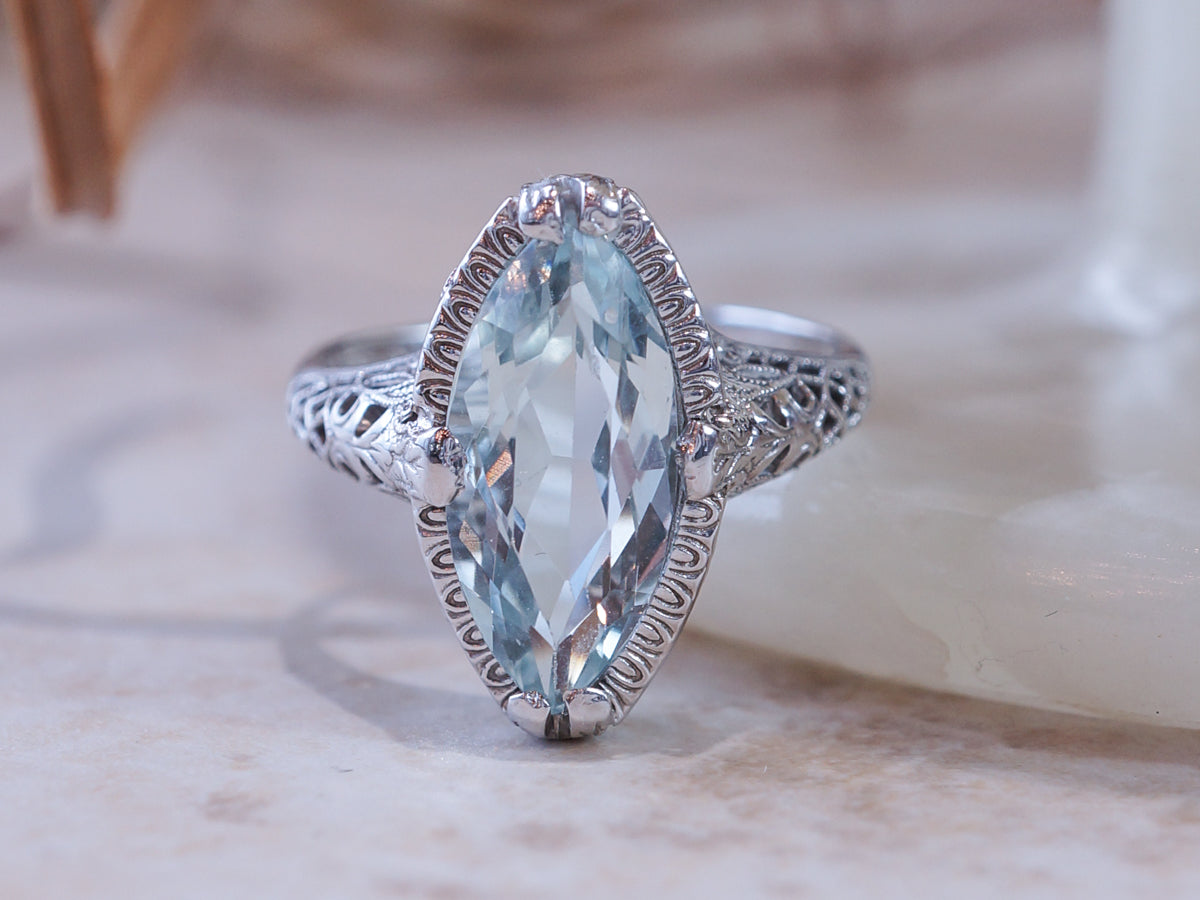 Vintage Marquise Aquamarine Filigree Ring in 14k