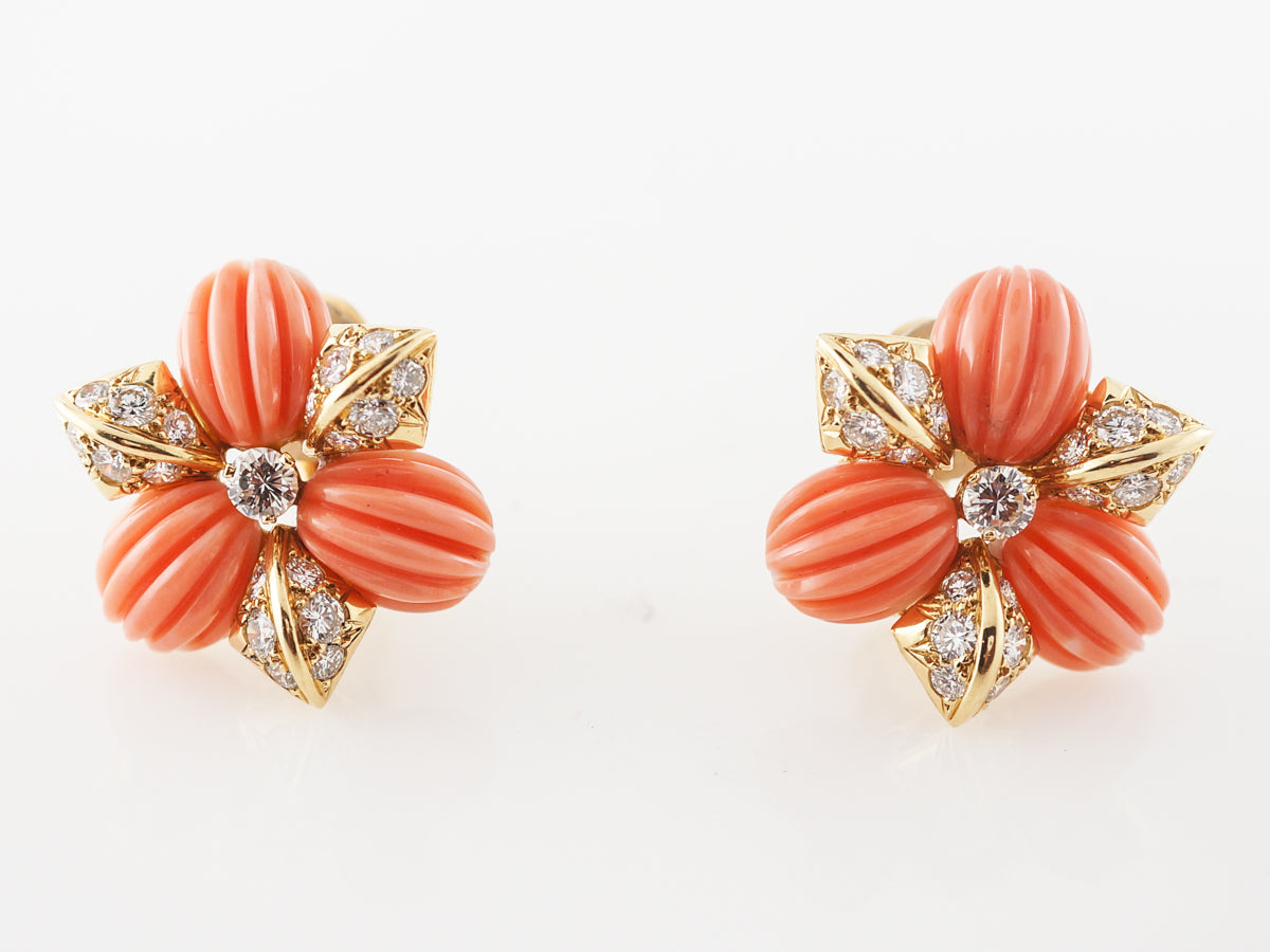 **RTV9/4/19**Fred of Paris Coral & Diamonds Earrings in Yellow Gold