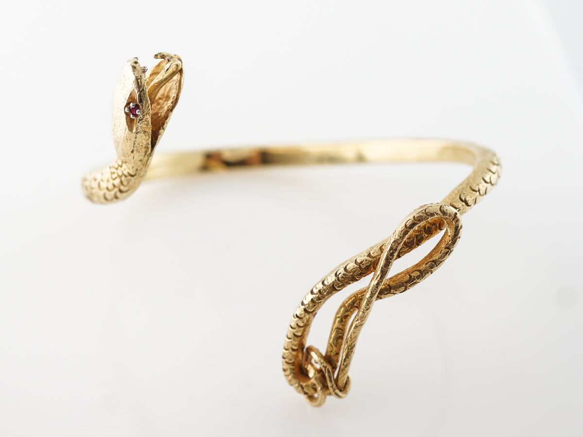 Vintage Snake Bangle Bracelet w/ Rubies in Yellow Gold