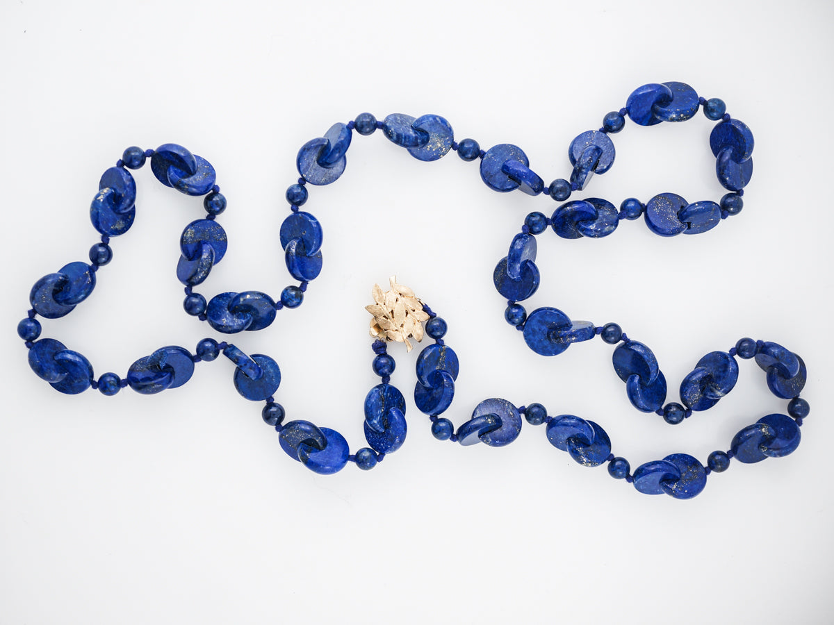 Vintage Necklace Mid Century Carved Lapis in 14k Yellow Gold