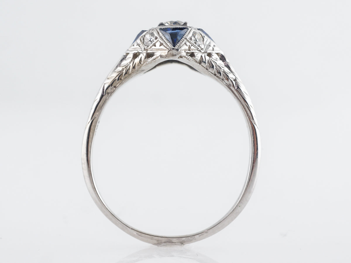 Vintage Deco Diamond w/ Sapphire Engagement Ring in 18K
