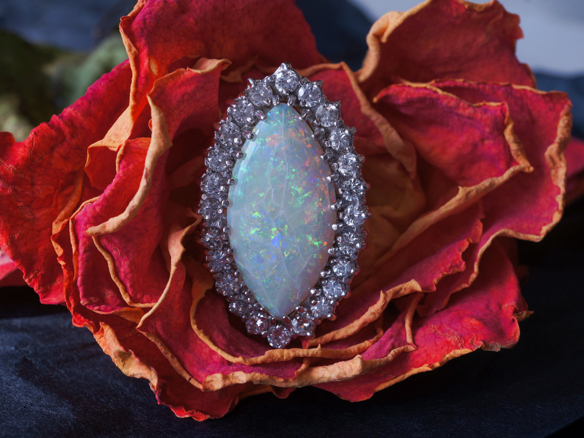 Vintage Opal & Diamond Ring 14k White & Yellow Gold