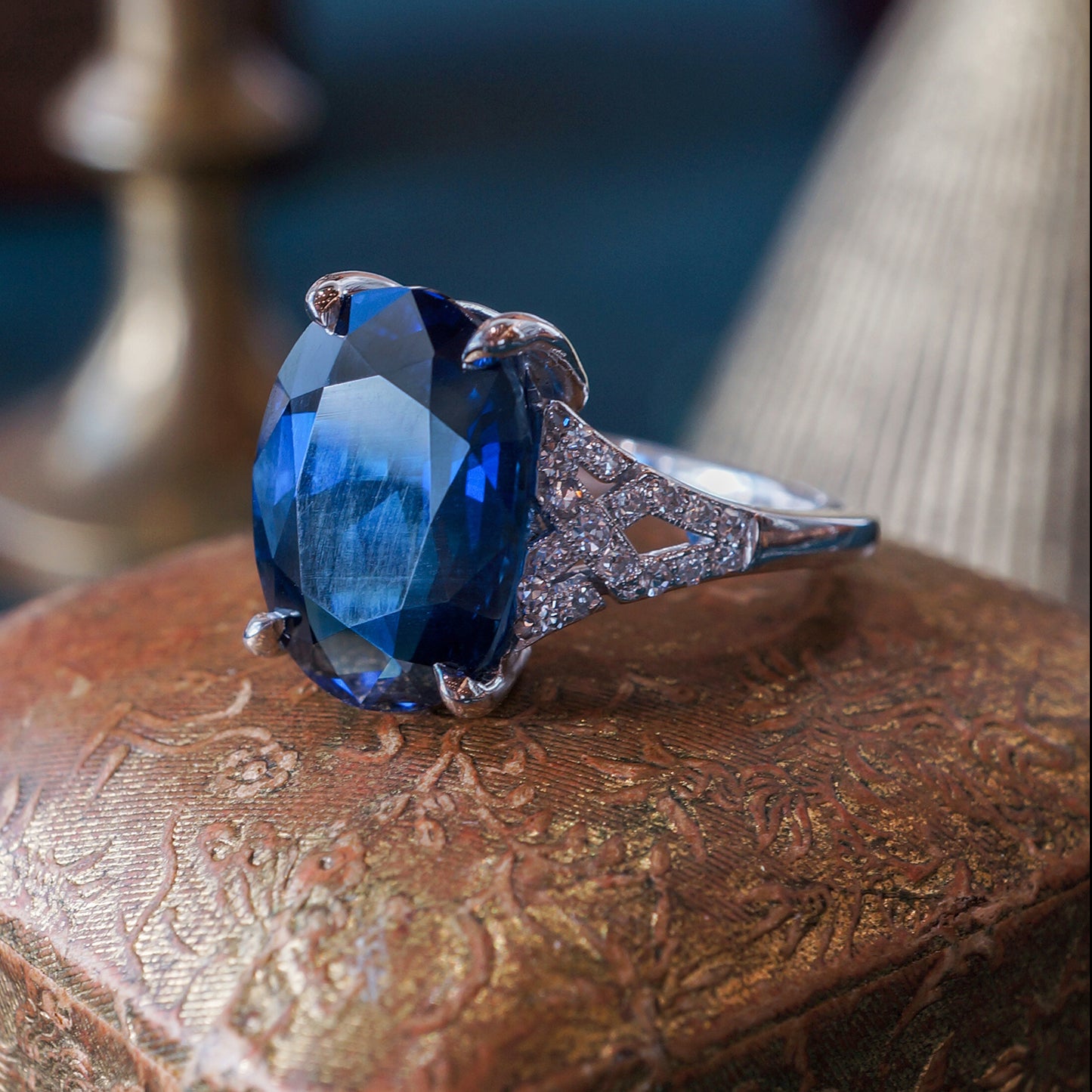 Vintage 6.90 Oval Cut Sapphire w/ Diamonds in Platinum