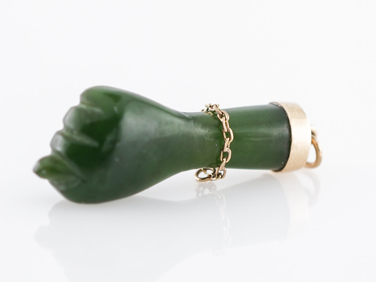 Vintage Pendant Nephrite Figa Charm Mid Century in 14k Yellow Gold