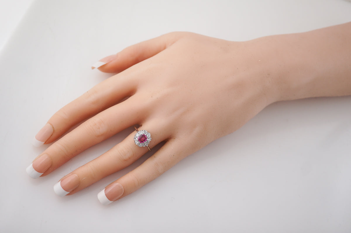 Art Deco Sapphire & Diamond Cluster Ring in White Gold