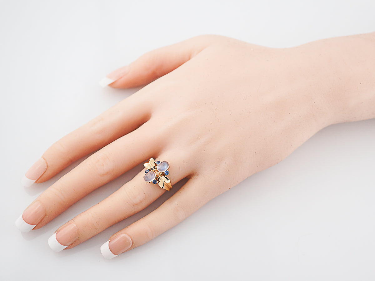 Vintage Right Hand Ring Late Art Deco 1.40 Cabochon Cut Moonstones & Sapphires in 14k Yellow Gold