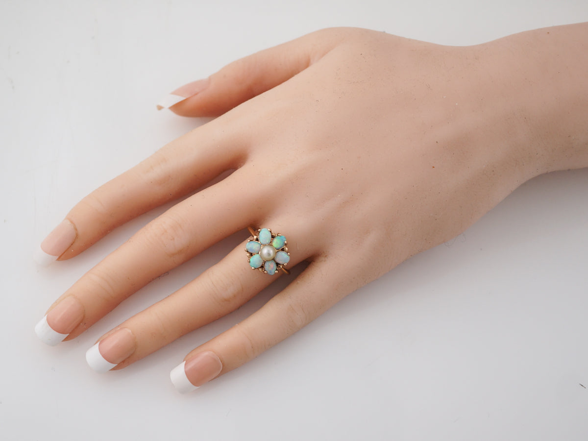 Vintage Right Hand Ring Mid-Century Pearl & Cabochon Cut Opals in 14k Yellow Gold