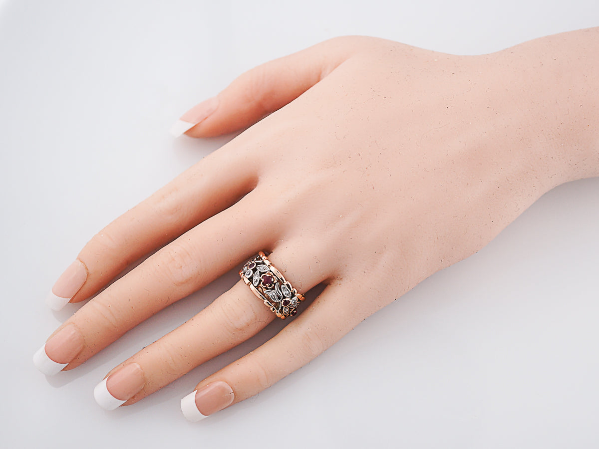 Vintage Right Hand Ring Retro .32 Round Cut Rubies & .30 Single Cut Diamonds in 14K Rose Gold