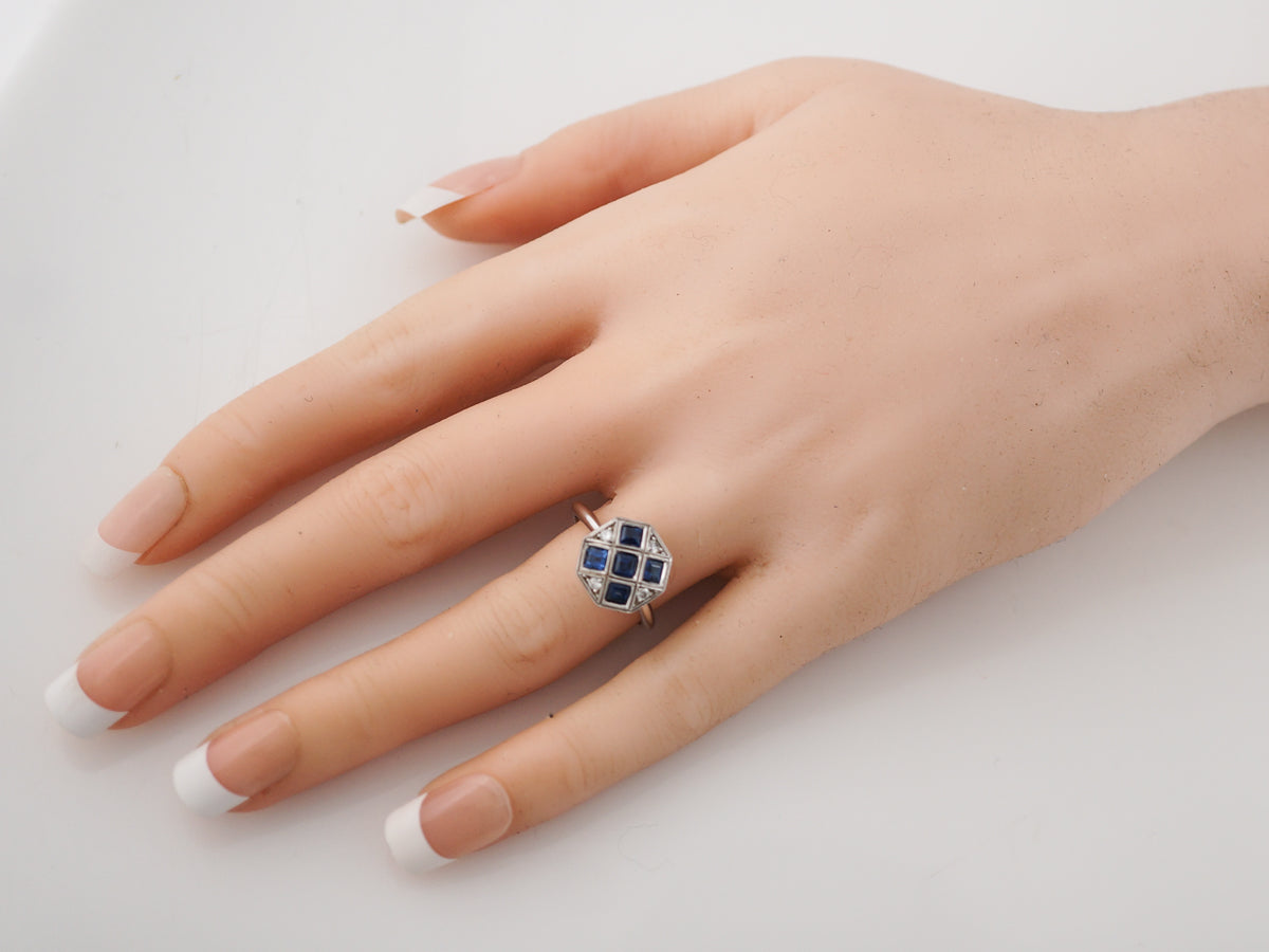 Vintage Right Hand Ring Retro 1.10 Square Cut Sapphire in 14k White Gold