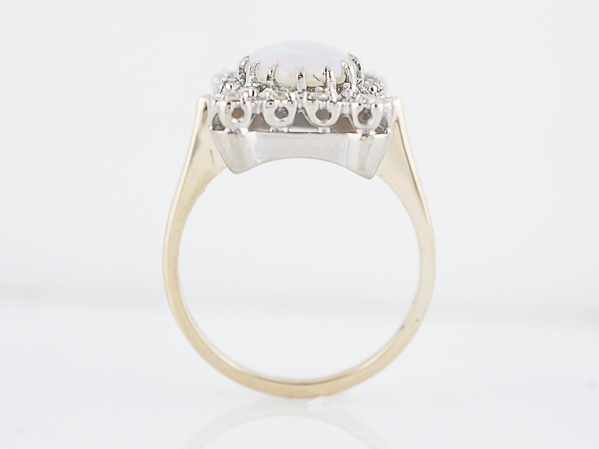 Vintage Right Hand Ring Retro 1.2 Oval Cabochon Cut Opal & Single Cut Diamond in 14k Yellow & White Gold