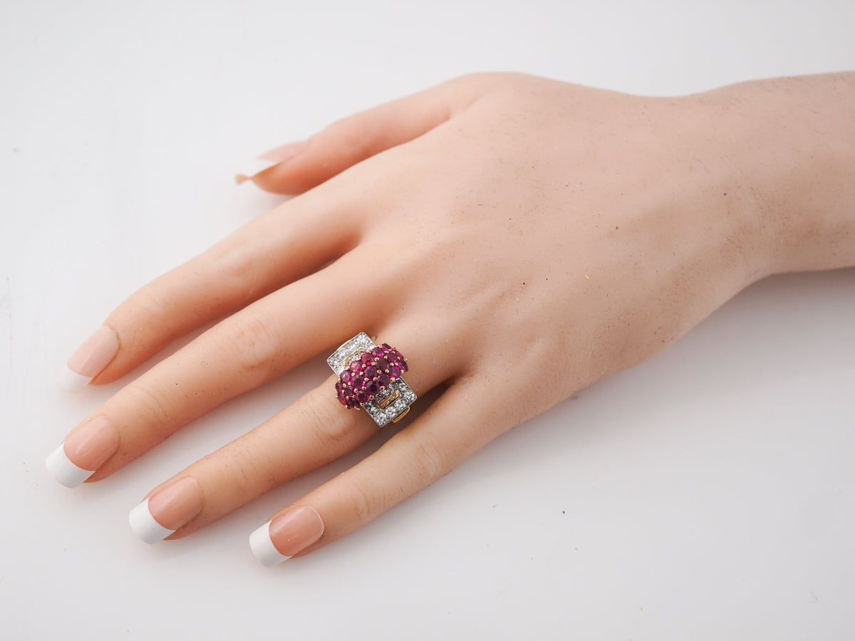 Vintage Right Hand Ring Retro 2.75 Round Cut Rubies in 14k Yellow & White Gold