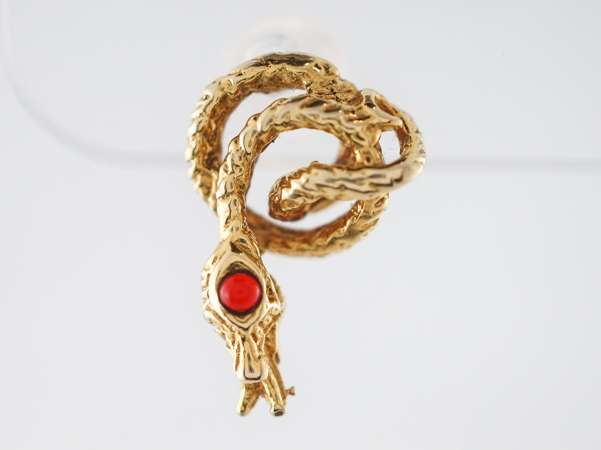 Vintage Snake Earrings Mid-Century .06 Round Cut Rubies in 14k Yellow Gold