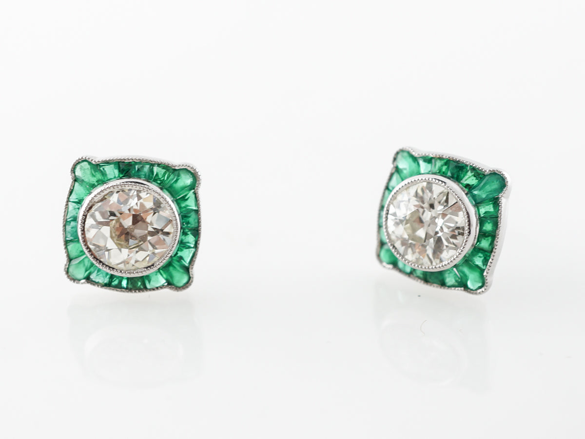 2 Carat European Cut Diamond Earrings w/ Emerald Accents Platinum