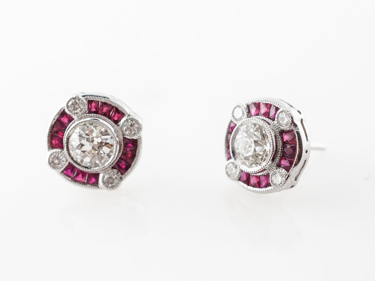 Old European Cut Diamond Earrings w/ Ruby Accents Platinum